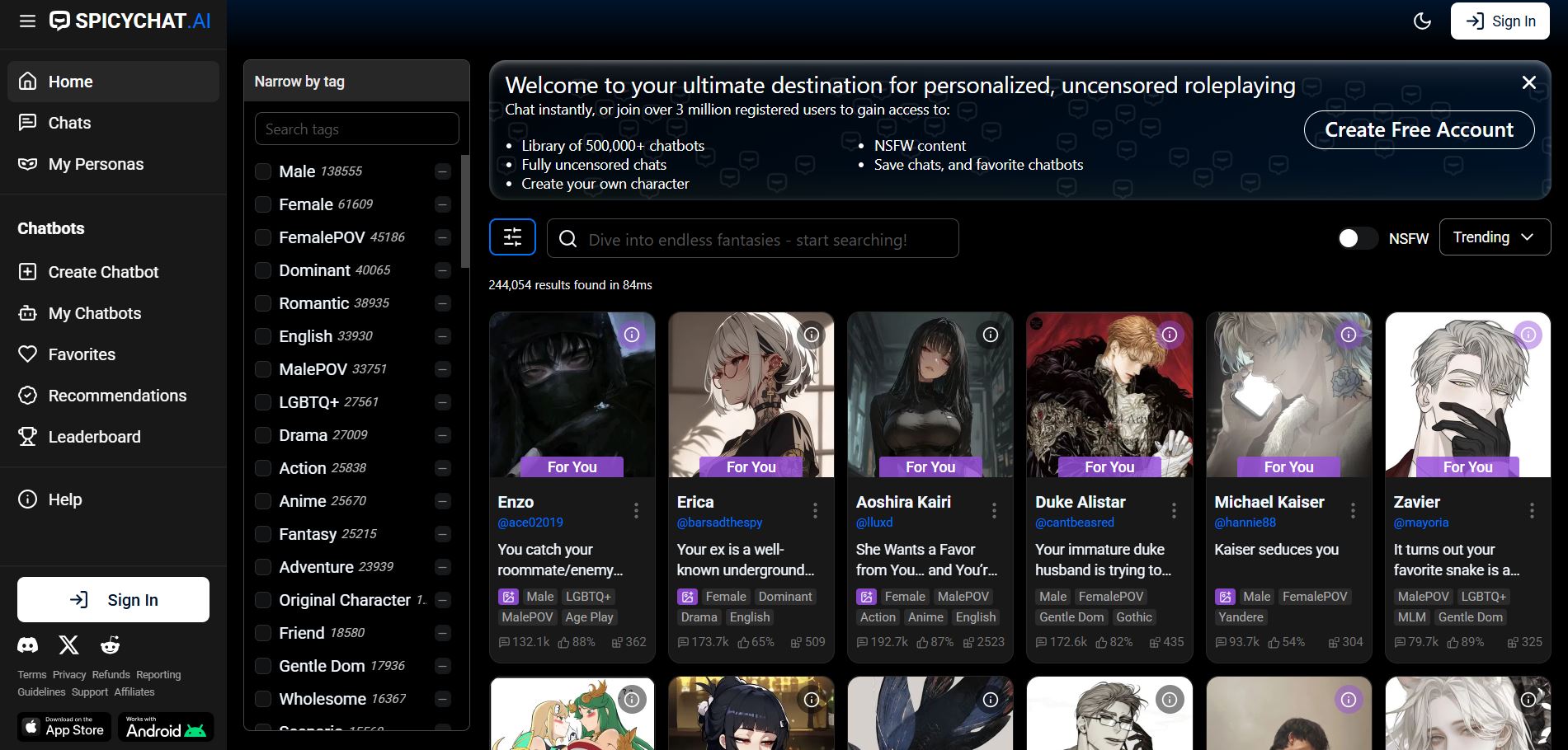 Screenshot of Spicychat: NSFW AI Chatbots and Roleplay for Adults